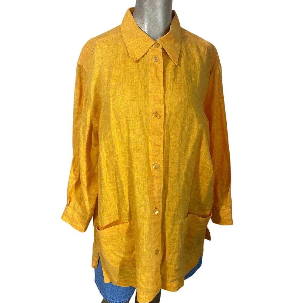 ESCADA Sport 100% Linen Button Down Shirt XL Marigold Yellow Oversized Tunic VTG